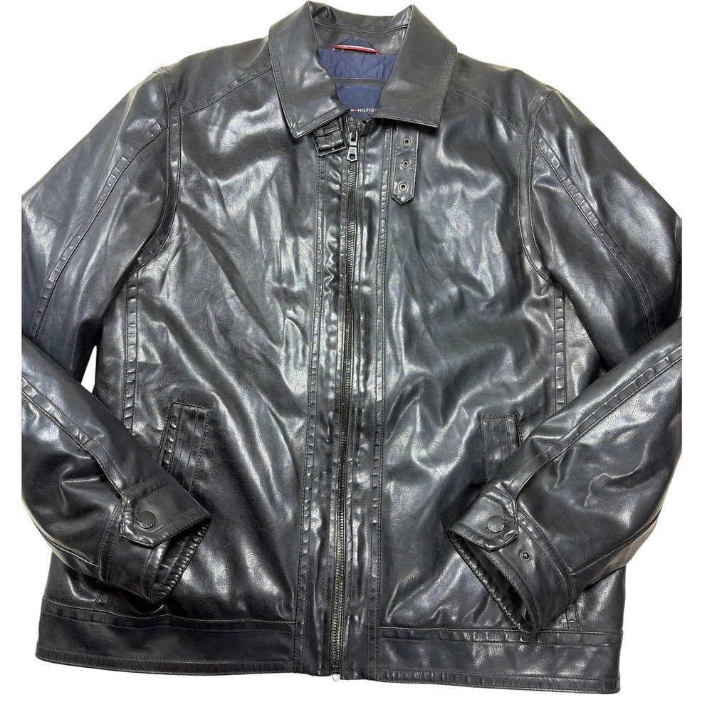 Tommy Hilfiger Mens Black Faux Leather Quilted Lined Bomber Jacket Large L